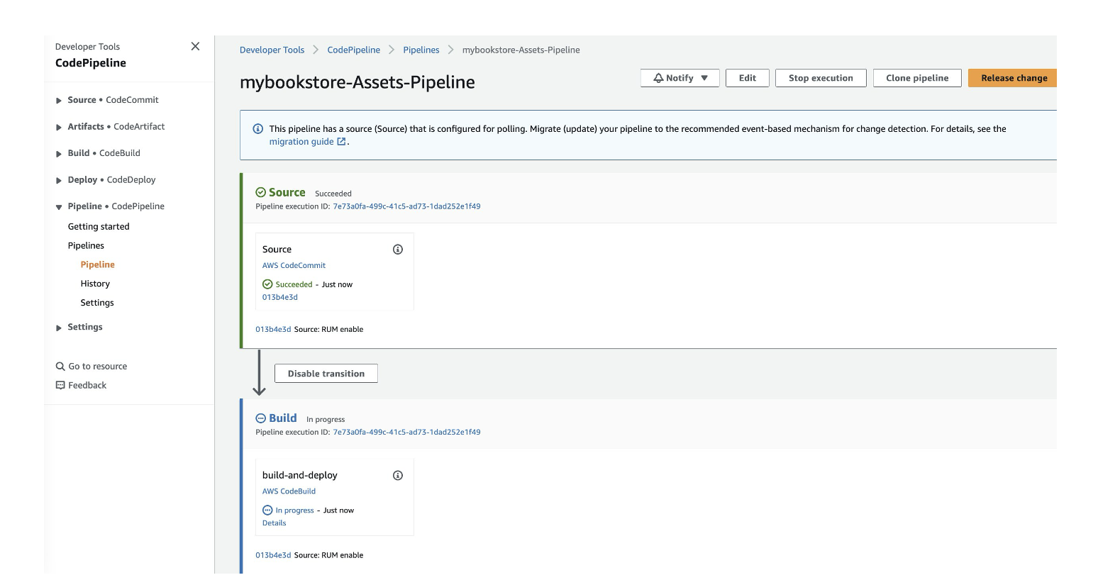 Screenshot of Pipeline section under CodePipeline.